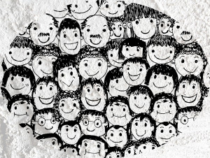 Face people   on Cement wall texture background