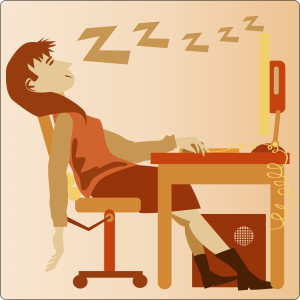 Digital illustration of a female office worker sleeping at her desk.