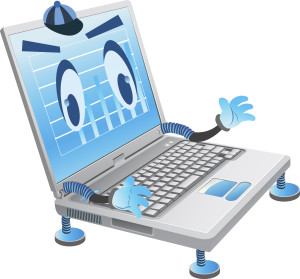 digital image of laptop with human hands and eyes
