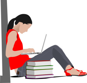 1047512 sitting girl with laptop and books column back to school