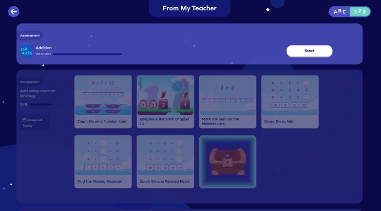 Assessment and Math facts and Assignment at child dashboard